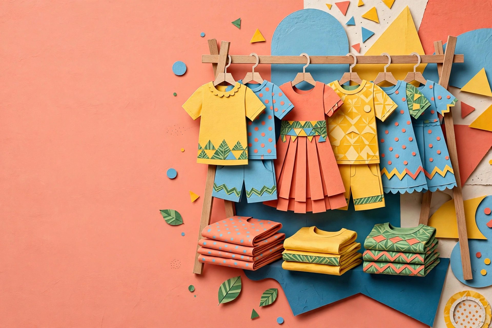 Ilustrasi rak berisi aneka baju anak warna-warni
